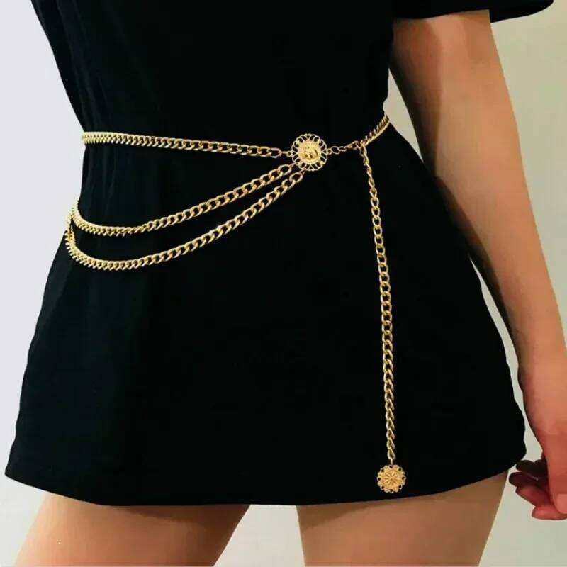 Women Fashion Hip High Gold Silver Narrow Metal Chunky Fringes Crystal Diamond Waist Corset Chain Belt H260228