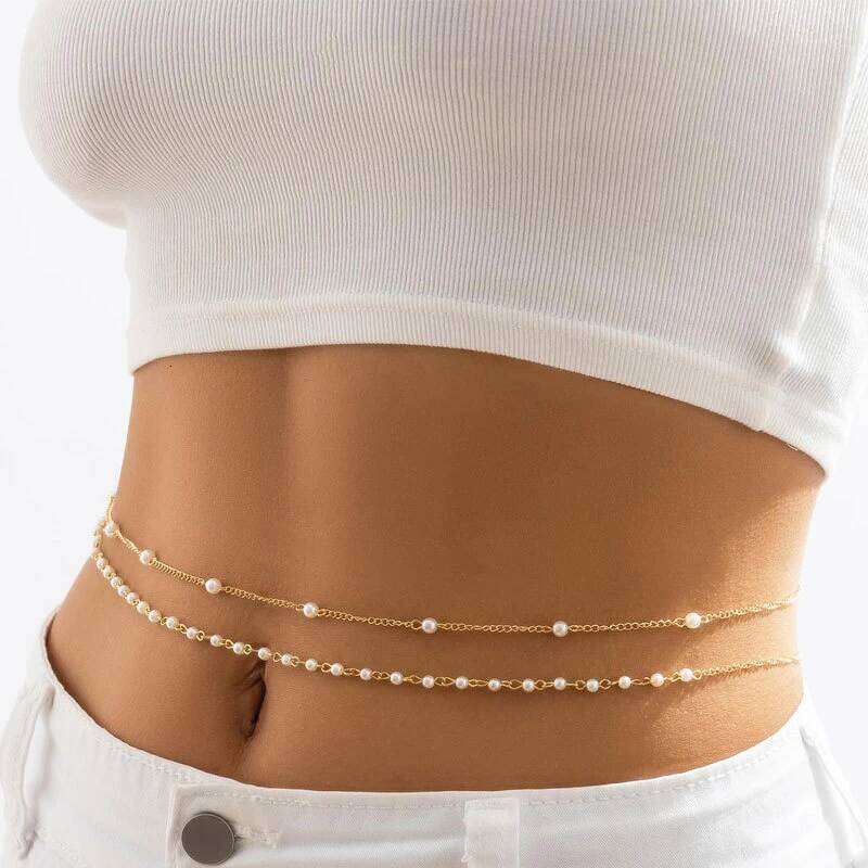 Fashionable Double Layer Imitation Pearl Waist for Women Minimalist Sexy Sequin Link Belly Chain Beach Jewelry H260228