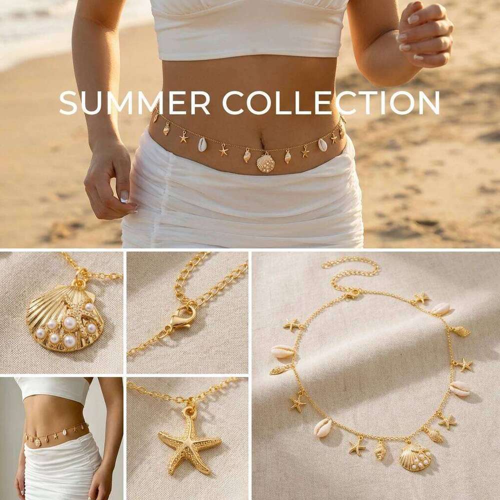 Bohemian Waist for Women Cold Color Starfish Shell Imitation Pearl Chain Summer Beach Bikini Body Jewelry Accessories H260228