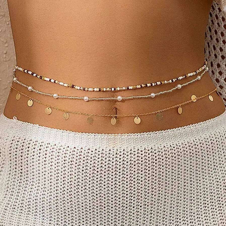 SHIIXIN 3Pcs Boho Colorful Small Rice Beads Waist Set for Women Bikini Gold Color Sequin Tassels Belly Chain Body Jewelry H260228