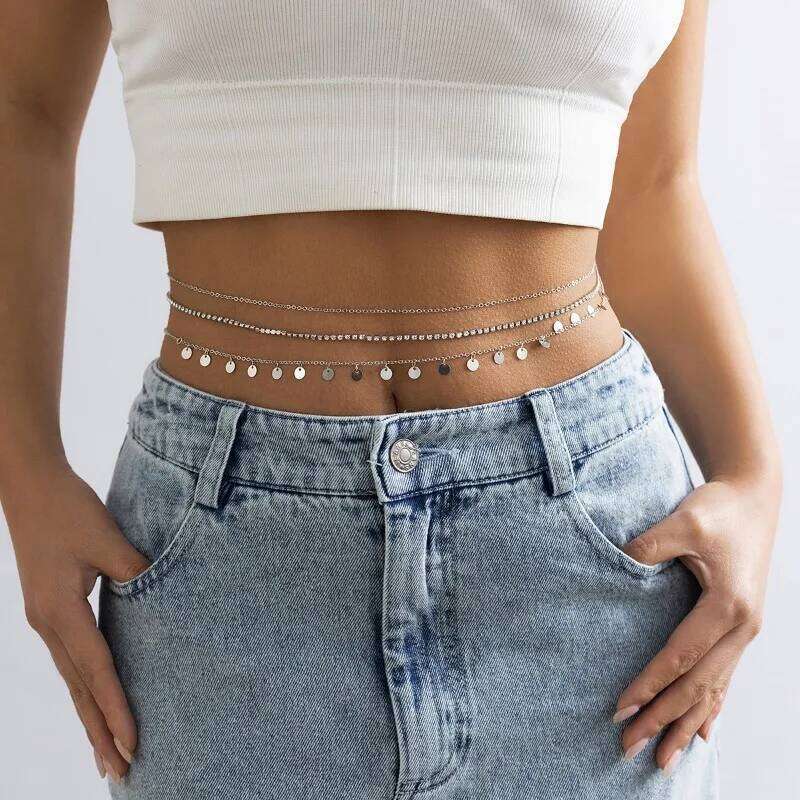 Women's Western Multilayer Fringe Glitter Sequins Metal Waist Chain Rhinestone Heart Slim Party Street Body Jewelry H260228