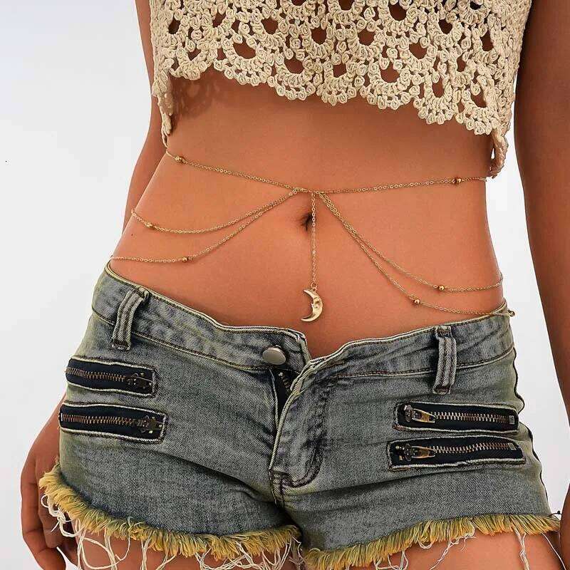 Fashion Gold Color Moon Pendant Waist for Women Vintage Metal Beaded Multi Layer Tassel Belly Chain Body Jewelry Gifts H260228