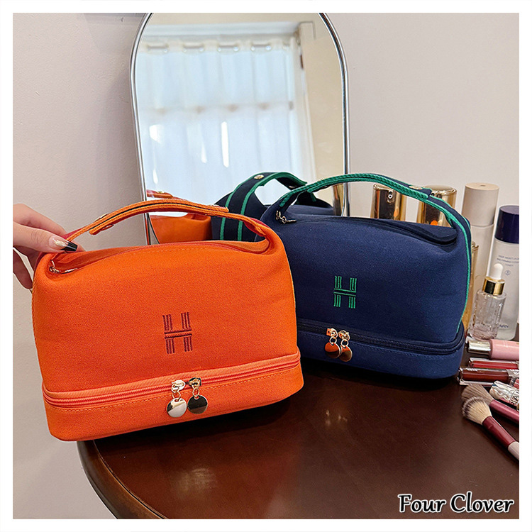 Travel portable canvas makeup bag, large capacity zippered storage bag, double-layer lunch box bag, fashionable luxury storage bag, multi-functional t