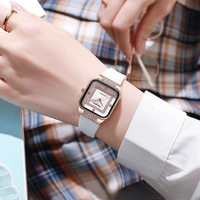 Women's fashionable square shell with diamond inlaid silicone quartz H260228