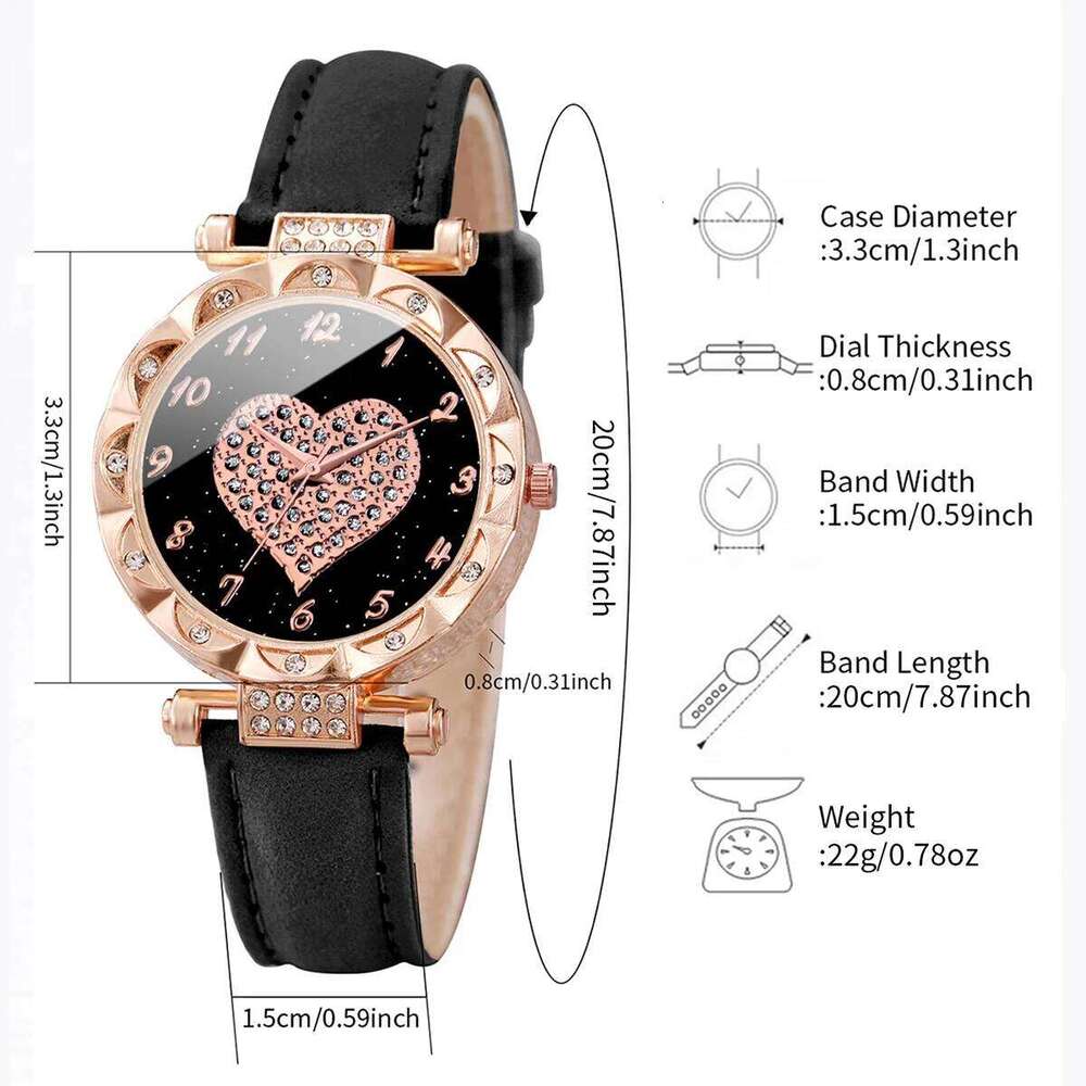 3PCS Women es Fashion Rhinestone Heart Dial Quartz Female Leather Band Wristes SetWithout Box H260228
