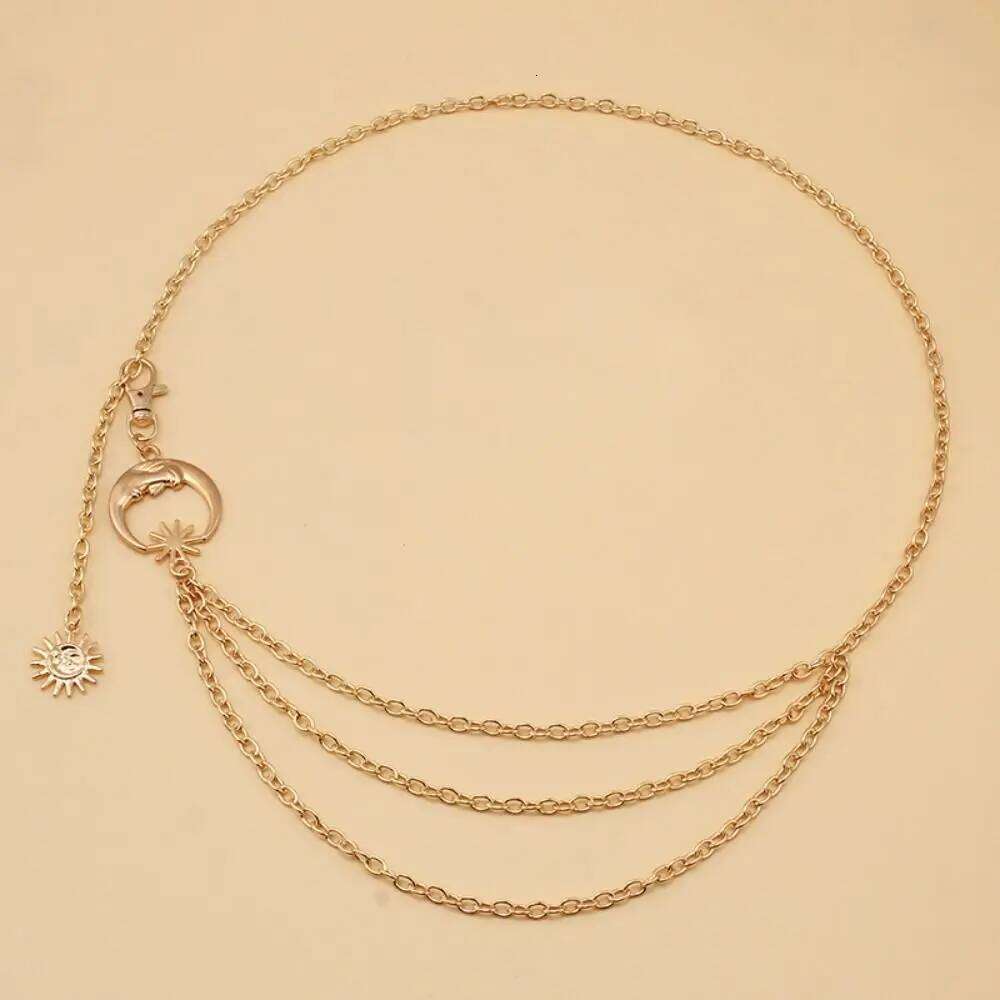 Ladies Vintage Punk Thin Waist Chain Metal Hip Hop Sun Moon Star Waistbands Gold Silver Dress Cummerbands H260228