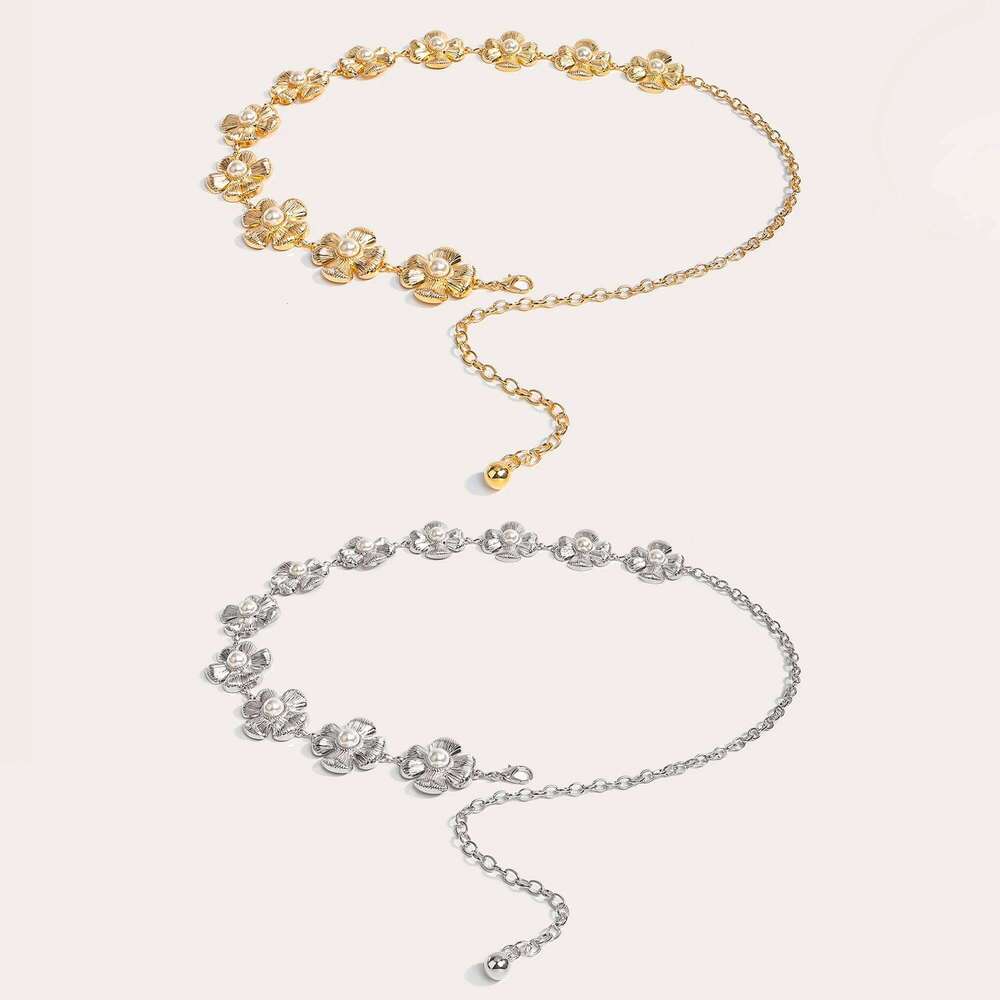 1pc Pearl Flower Metal Belt Women's Sweet Dress Waist Chain Versatile Accessory for Skirts And Dresses H260228