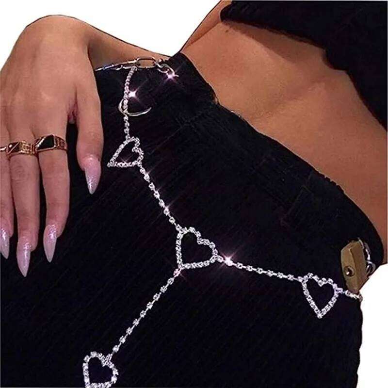 Rhinestone Crystal Chains Heart Pendant Summer Beach Waist Body Festival Belt Belly Jewelry Women H260228