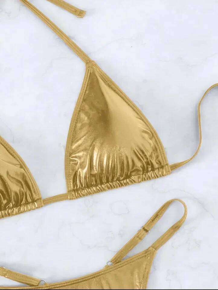 sexy metallic gold glitter halter bikinis sets two pieces 2024 women thong bandage swimsuit female bathing suit swimwear biquini Z260301