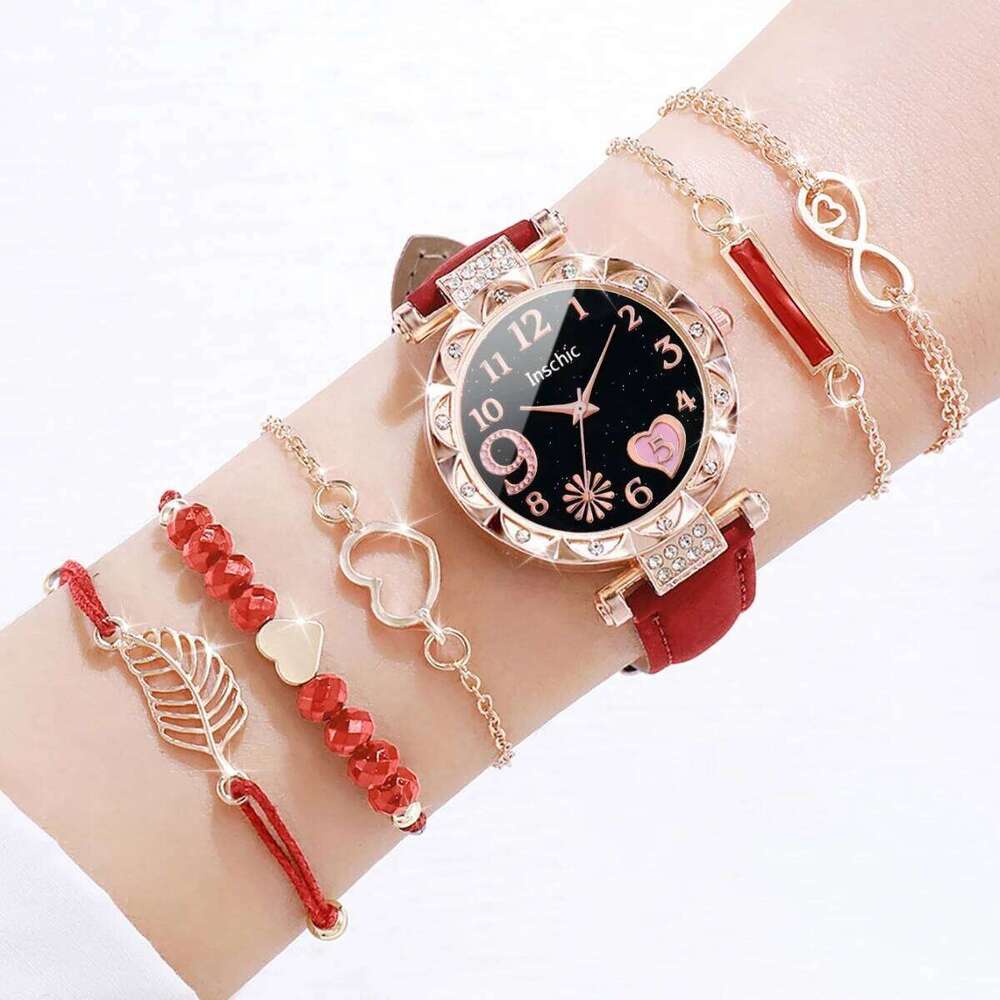6PCS/Set Women es Fashion Rhinestone Heart Dial Quartz Leather Band Wristes s SetWithout Box H260228