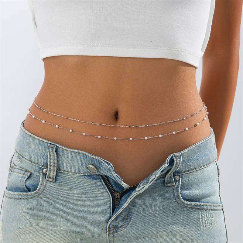 Sexy Double Thin Women's Waist Charming Round Bead Metal Belly Chain Summer Beach Bikini Body Jewelry H260228