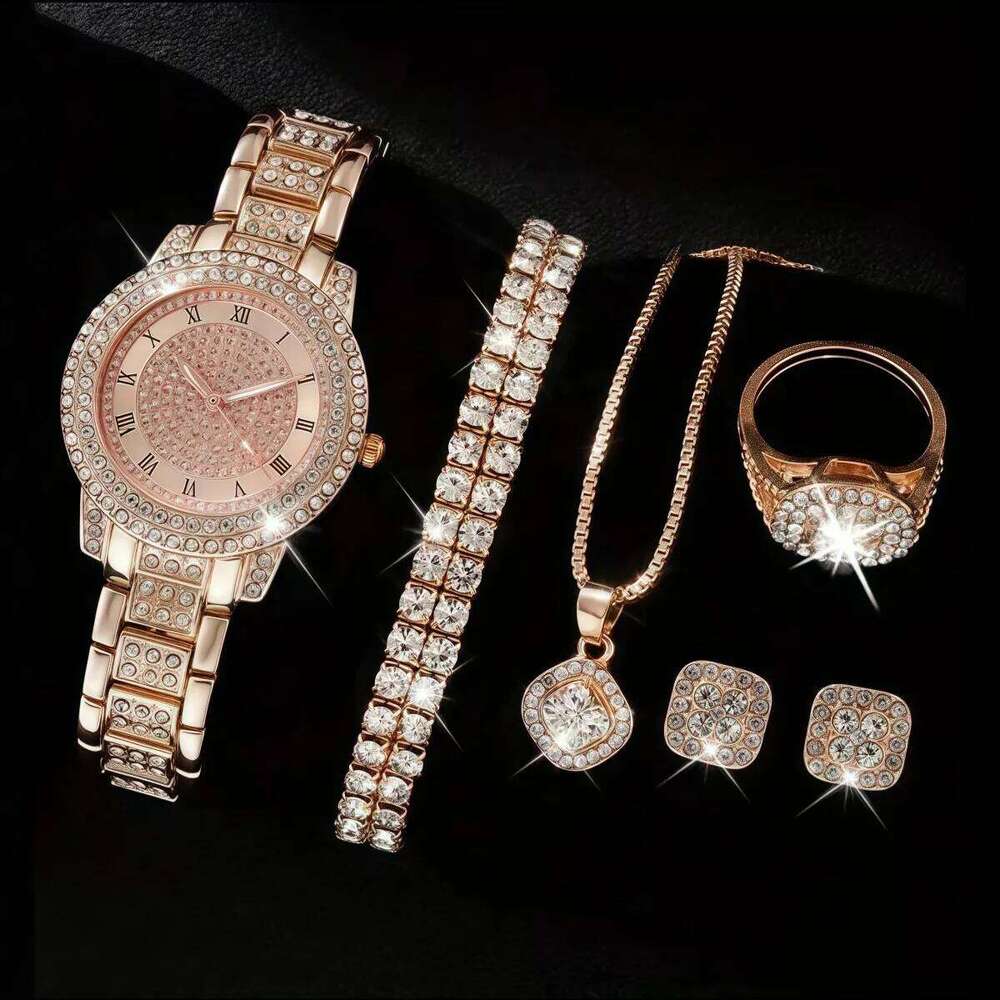 Fashion Light Luxury High-end Sense Diamond Steel Belt Large Disc Women's Quartz Set 6 Pieces Set, Suitable for Christ H260228