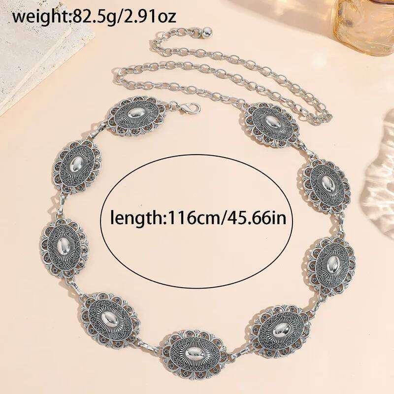 Retro Women'S Metal Waist Decorative Circle Carved Chain Belt High Style Accessories H260228