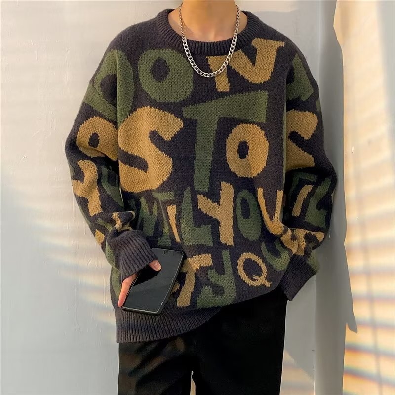 Luxury Brand Designer Clothes Autumn Winter Trendy Personalized Letter Sweater Men's Korean Fashion Jacquard Versatile American Style Knitted Pul