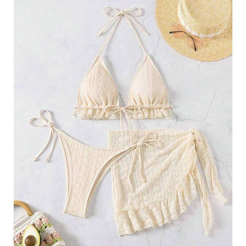 Sexy Set Bathing Suit Women Triangle Spliced Ruffles Halter Bikini Push Bandage Cover Up Beachwear 3 Piece Swimsuit Z260301