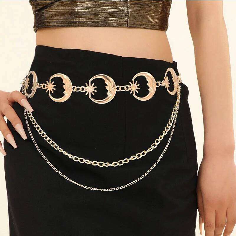 Multilayer Waist Women Dress Skirt Chain with Moon Star Waistband Golden Silver Metal Female Belt H260228