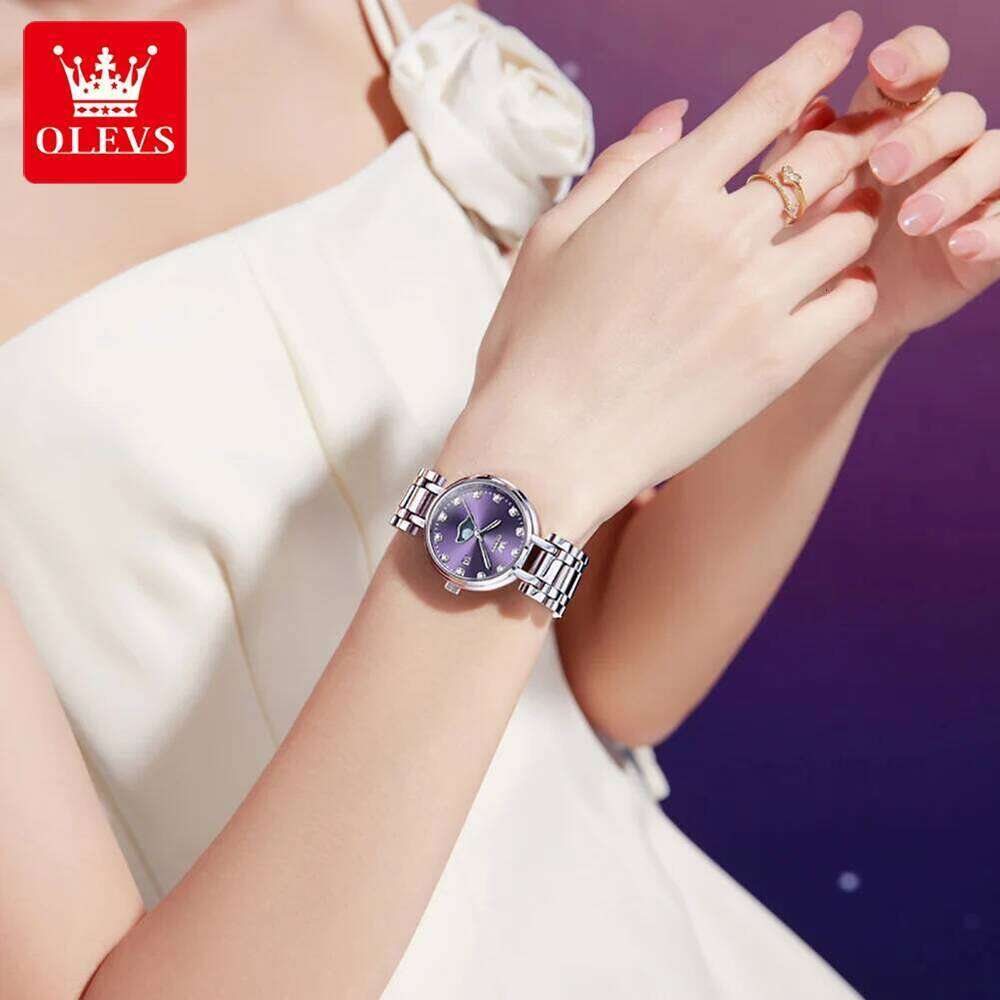OLEVS Diamond Time Purple Moon Phase Dial es Brand New Fashion Women Quartz Steel Waterproof Dress H260228