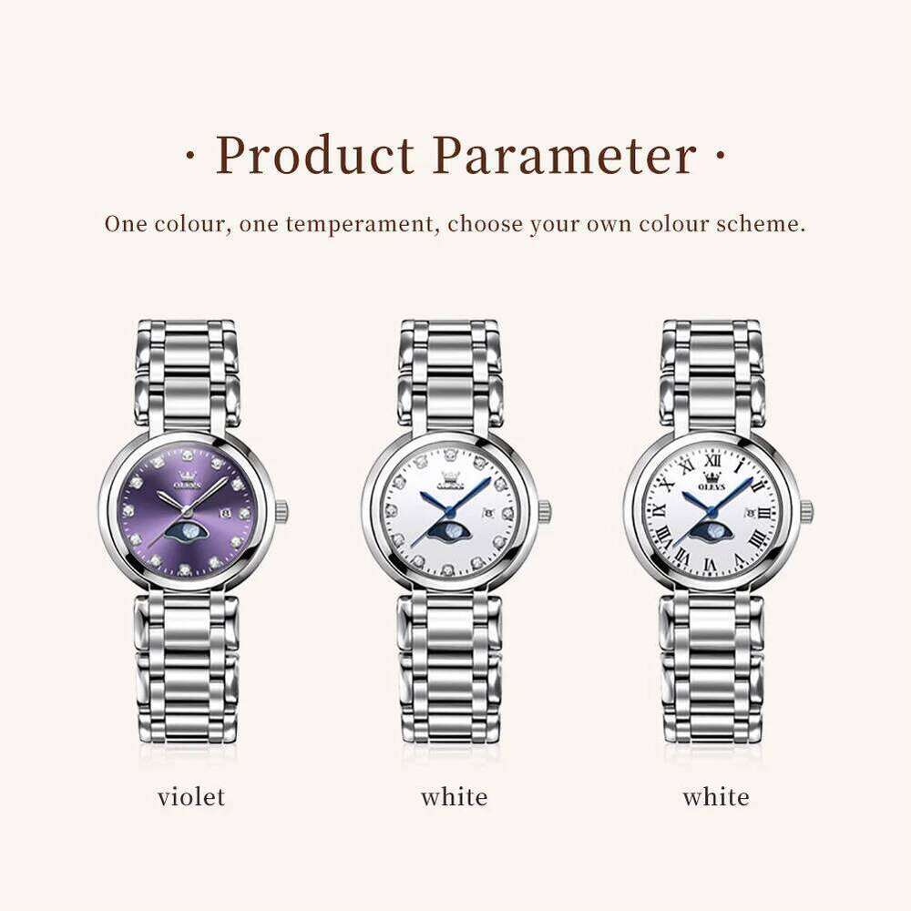 OLEVS Diamond Time Purple Moon Phase Dial es Brand New Fashion Women Quartz Steel Waterproof Dress H260228