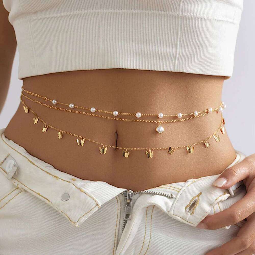 Retro Cute Butterfly Imitation Pearl Tassel Pendant Waist Chain 2025 Multi Layer Sweet Gold Color Metal Girl Fashion Jewelry H260228