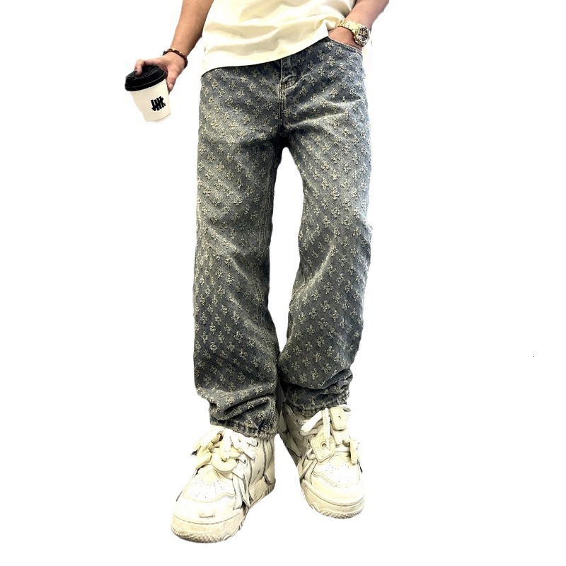 Luxury Designer Clothes 2025 Jacquard Full Print High Street Trendy Brand INS Design Sense Jeans Loose Straight Washed Wide Leg Long Pants