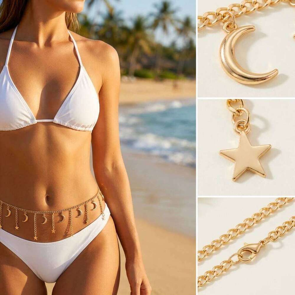 Fashion Gold Color Star Moon Pendant Waist for Women Sexy Metal Tassel Belly Belt Chain Beach Party Bikini Body Jewelry H260228