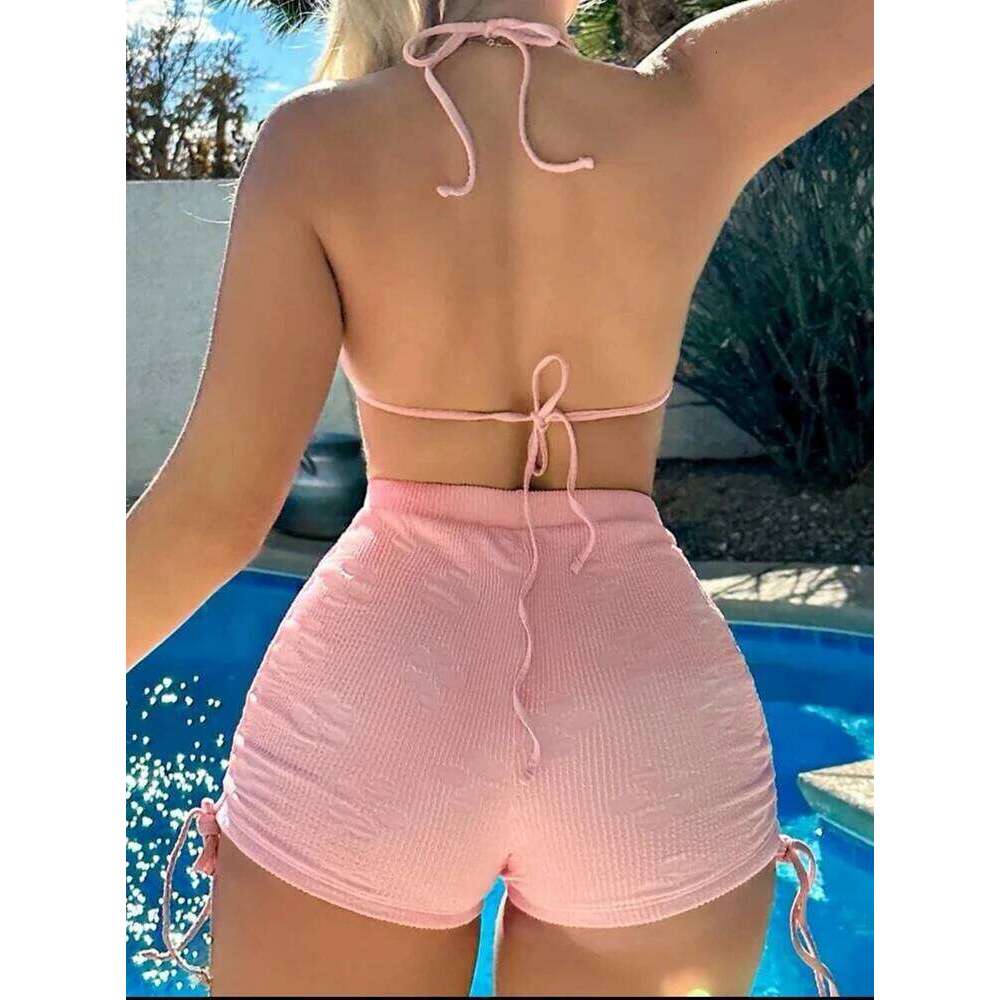 Special Fabric Neck Hanging Sexy Pink Swimsuit 2 Piece Set Halter Top Knot On The Edge Bikini Bottom 2025 Bathing Suit Z260301