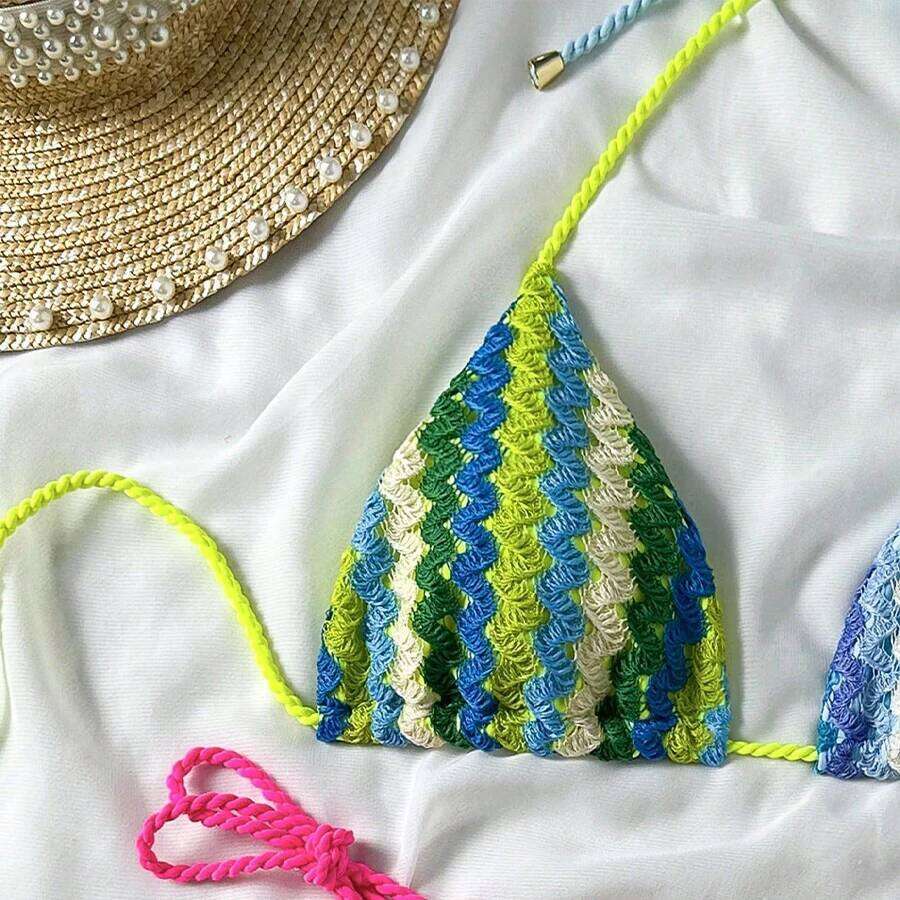 Para Praia Crochet Halter 2025 Knitted Bikini Swimwear Sexy Women Swimsuit Brazilian Biquini Bandage Bathing Suit Z260301
