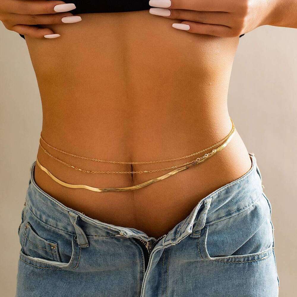 Simple 3pcs/set Crystal Belly Waist for Women Punk Gold Color Flat Snake Chain Bikini Body Jewelry Y2K H260228