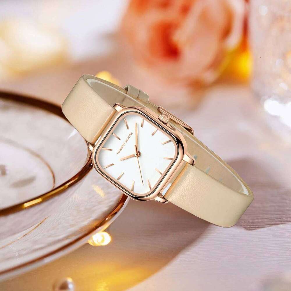 Hannah Martin Square Women Fashion Rose Gold Leather Minimalist Style Girls Clock Quartz Movement Casual Waterproof H260228