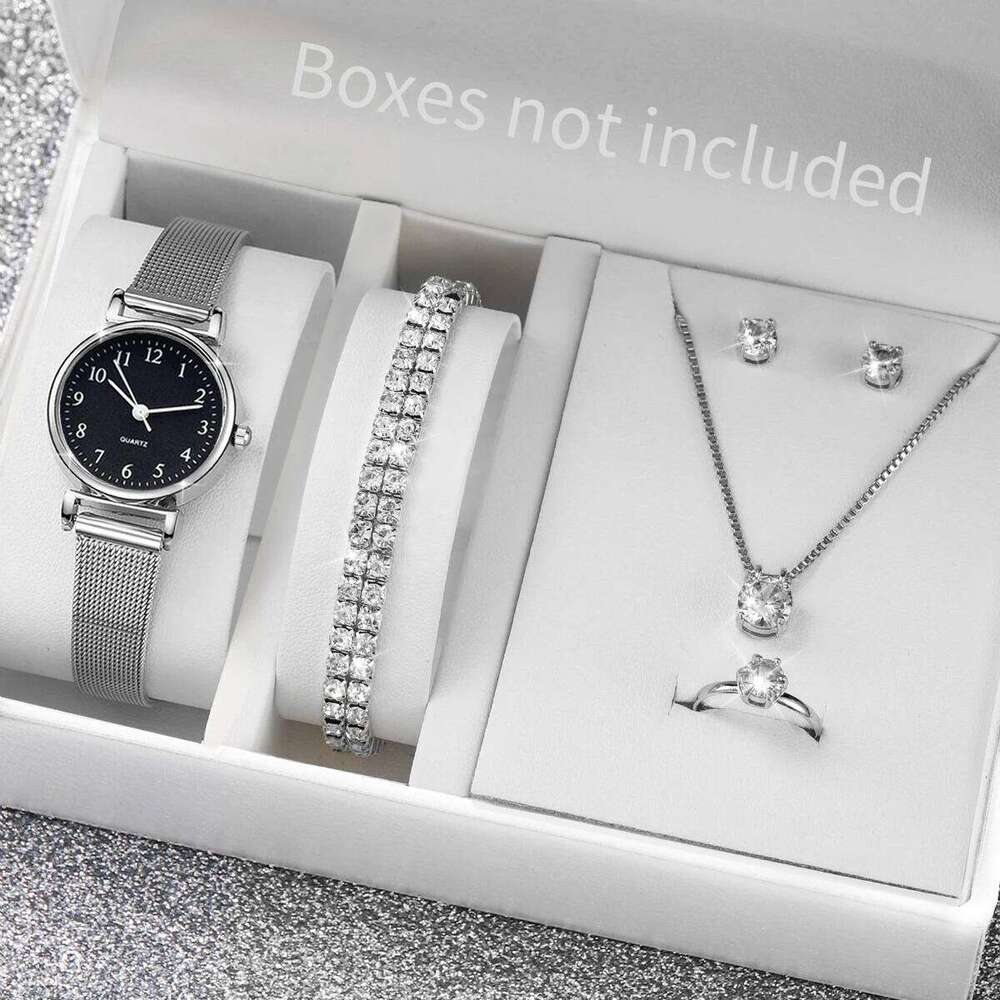 6PCS Women's Fashion Arabic Dial Steel Mesh Band Quartz Diamond Jewelry SetWithout Box H260228