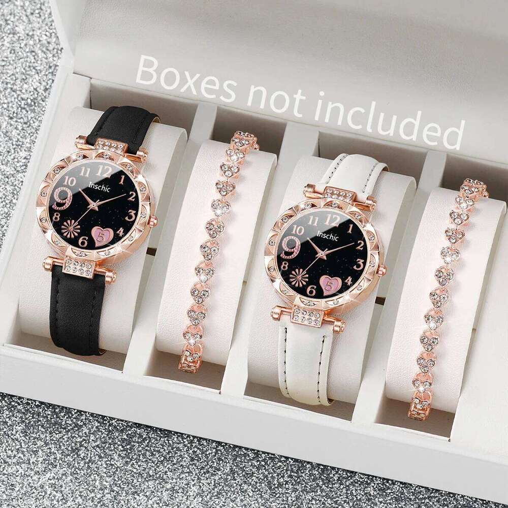 2/4/6PCS Fashion Rhinestone Women es Heart Dial Quartz Casual Leather Band Wristes SetWithout Box H260228