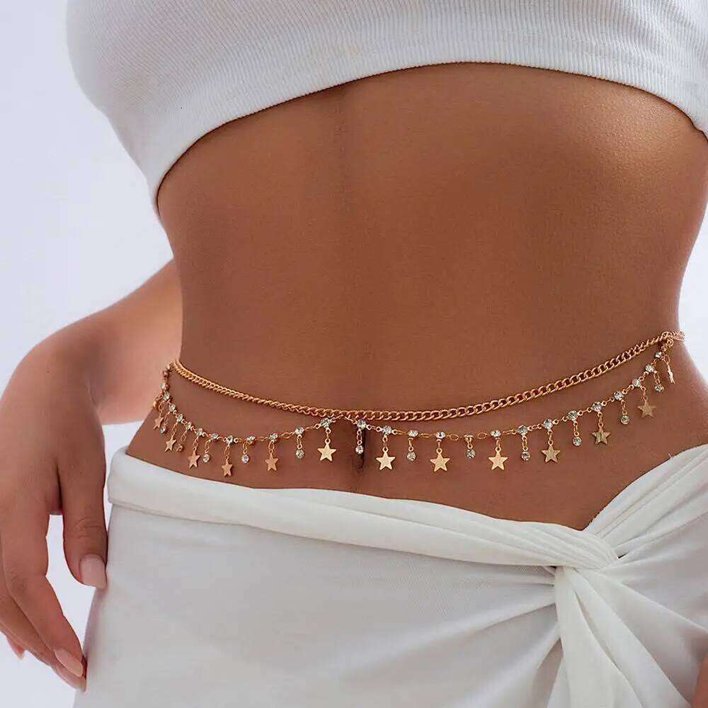 Sexy Rhinestone Star Tassel Pendant Waist Belly Belt Chain For Women Summer Bikini Rave Body Jewelry Y2K Accessories H260228