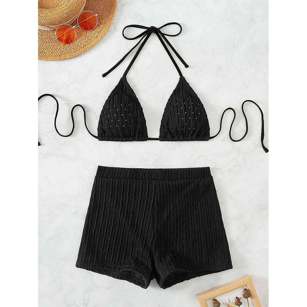 Tie Back Halter Bikinis 2025 Women High Waist Swimsuit Solid Padded Swimwear Female Bathers BathingSwimming Swim Suit Beachwear Z260301