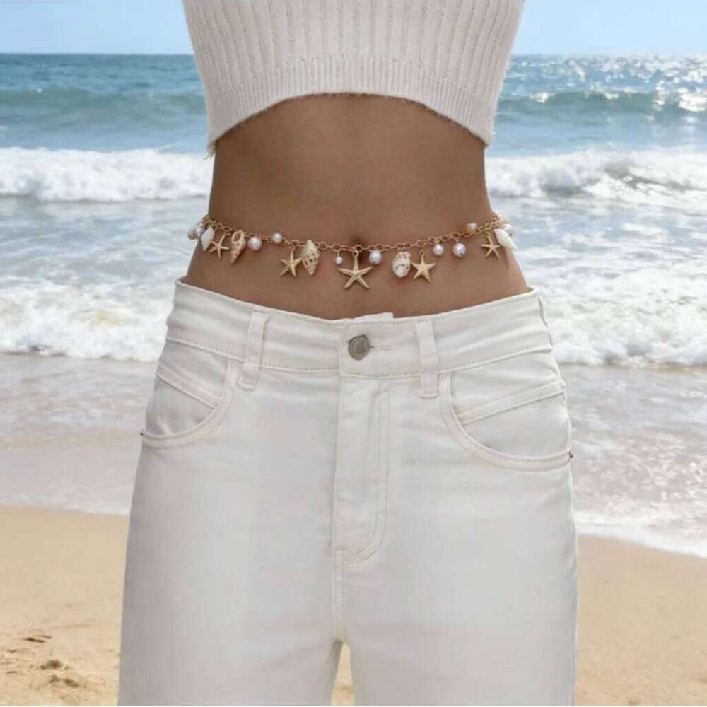 Waist chain, beach bohemian seashell, faux pearl, starfish, conch shell, women's European and American vacation fashion accessor H260228