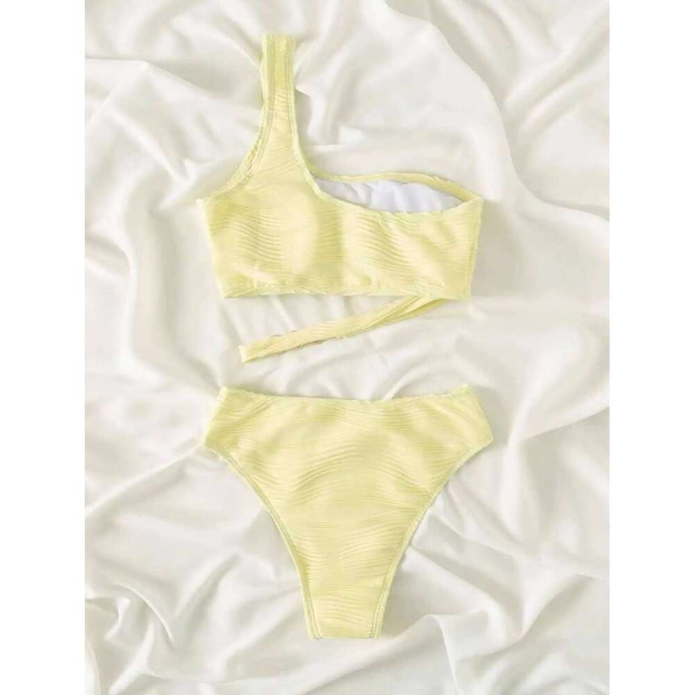 Sexy One Shoulder Wrinkled Metal Ring Women Swimwear Female Swimsuit Two-pieces Bikini set Bather Bathing Suit Swim Z260301