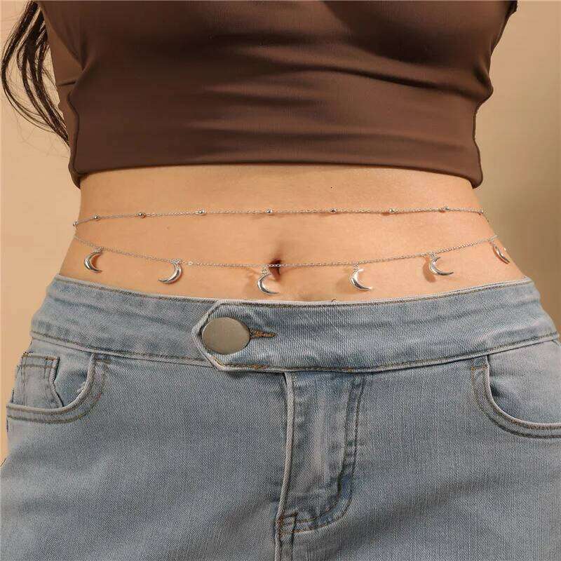 Sexy Vintage Aesthetic Moon Belly Thin Beads Link Waist Chain Belt Streetwear Summer Women Fashion Body Jewelry H260228