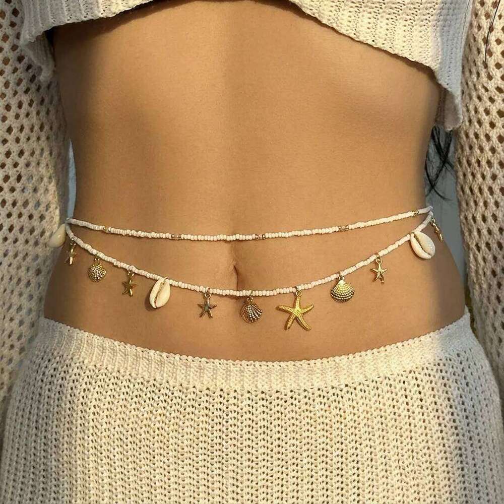Bohemian Starfish Shell Rice Bead Chain 2 Piece Set for Women Beach Themed Double Strand Waist Friendship Jewelry Gifts H260228