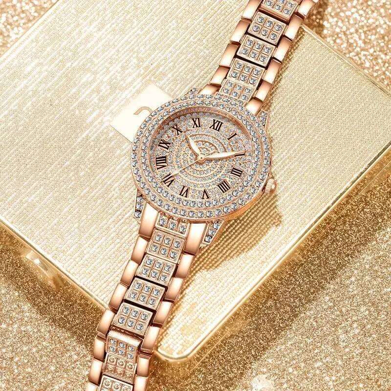 Fashion Wristes Relojes Para Mujer Classic Golden Women Alloy Strap Round Rhinestone Dail Quartz es H260228
