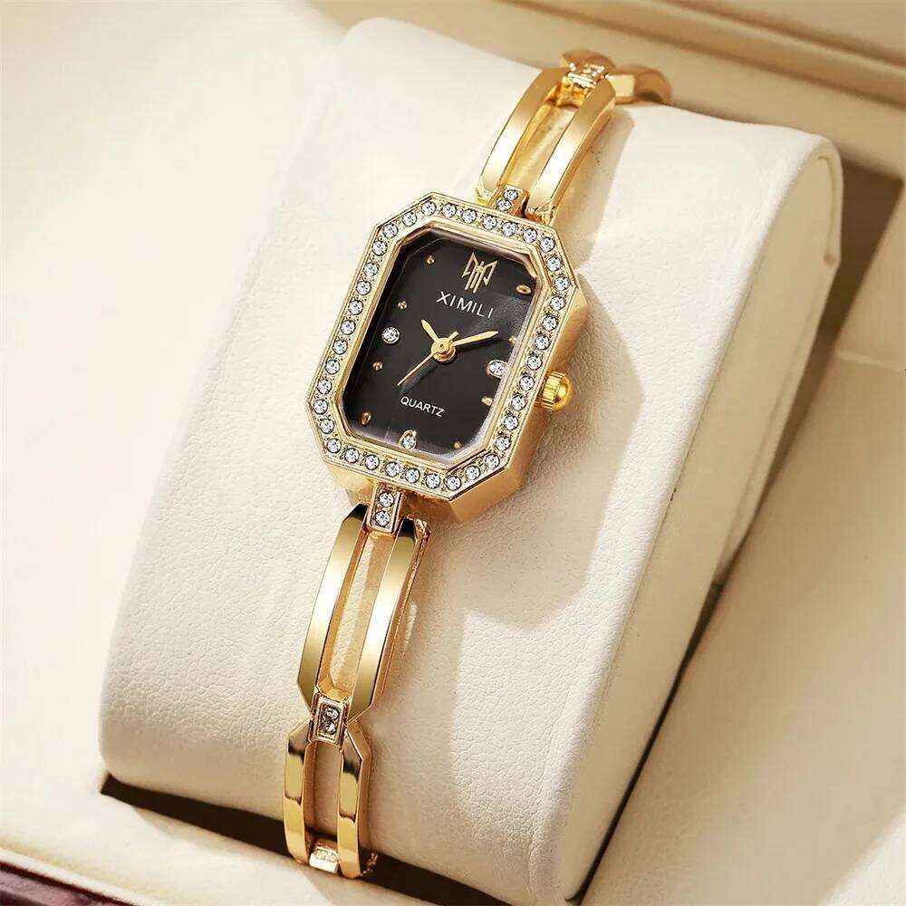 Fashion Rhinestone Rectangle Women es Casual Stainless Steel Gold Ladies Quartz WristWithout Box H260228