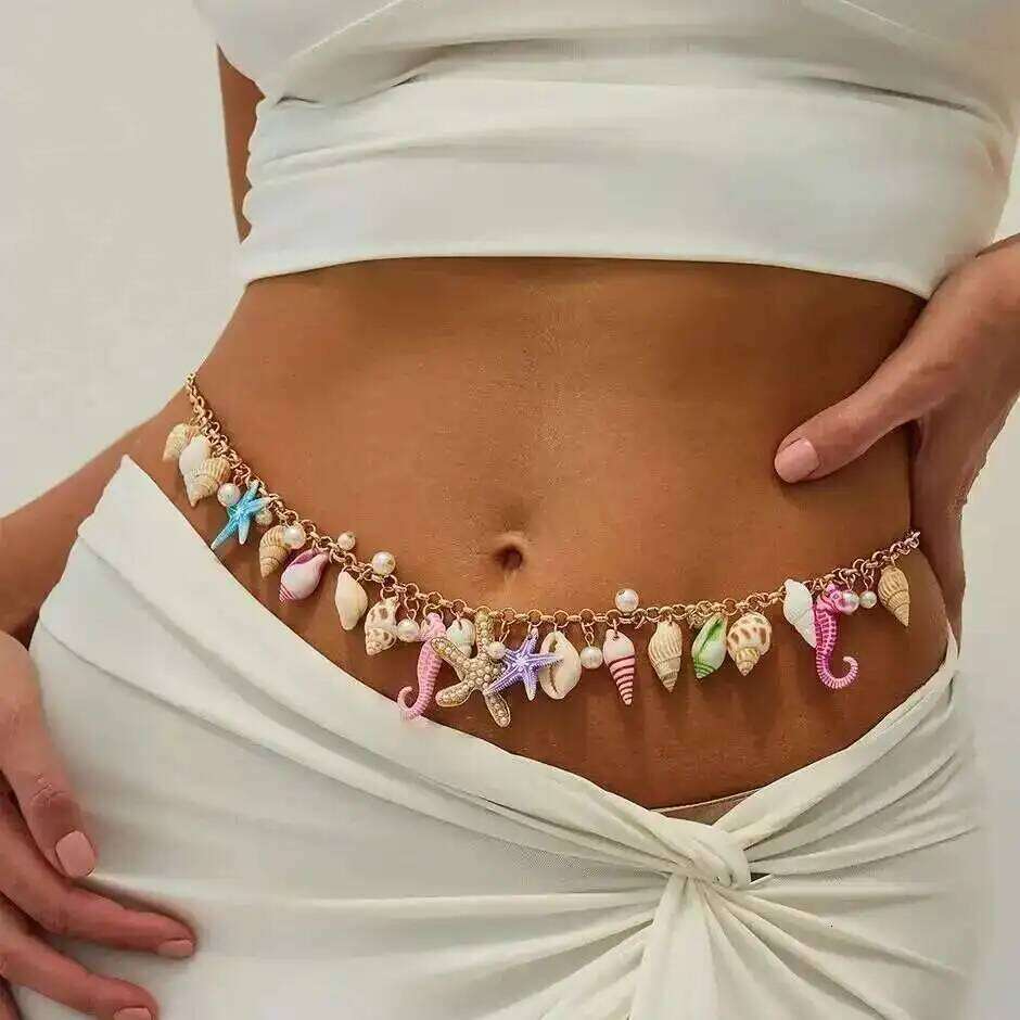 Salircon Boho Starfish Conch Colorful Waist Women Summer Beach Imitation Pearl Sexy Bikini Belly Body Chain Y2K Jewelry H260228