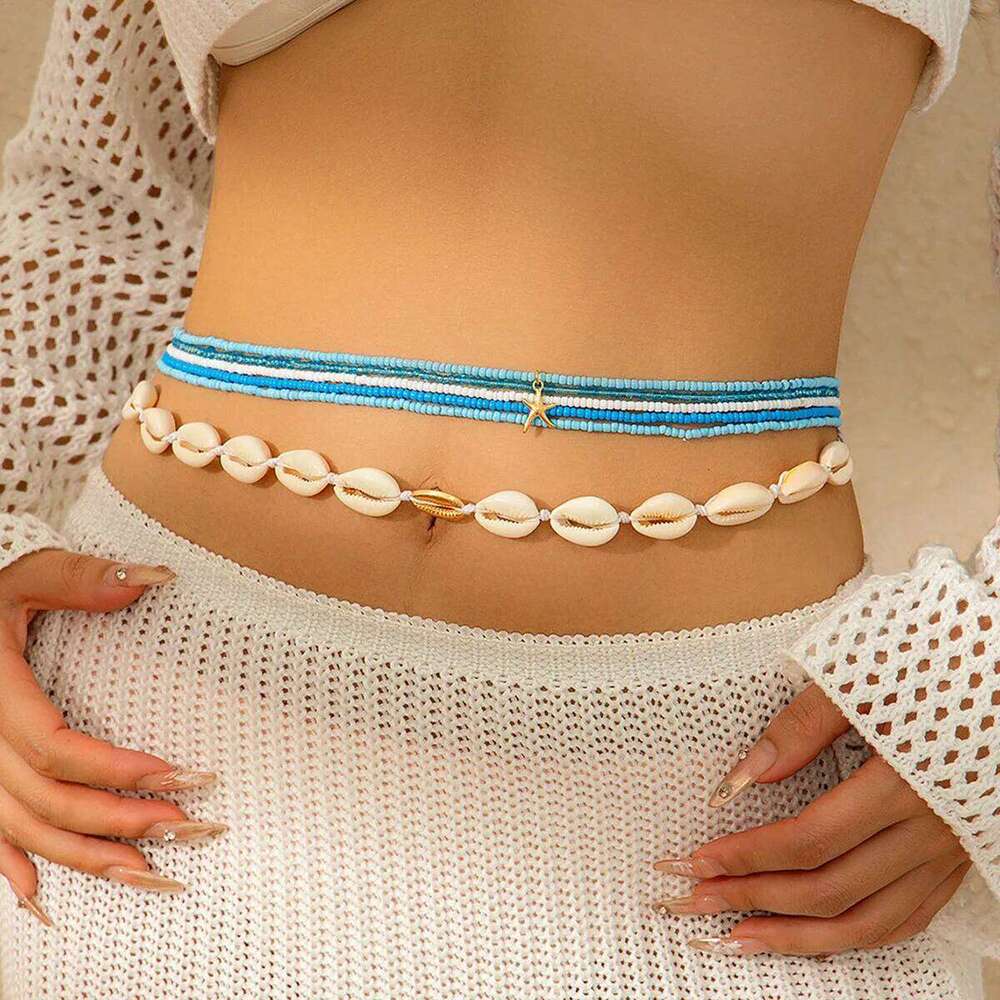 2024 Trendy Shell Starfish Multi-layer Rice Bead String Acrylic Waist Summer Beach Body Chain H260228