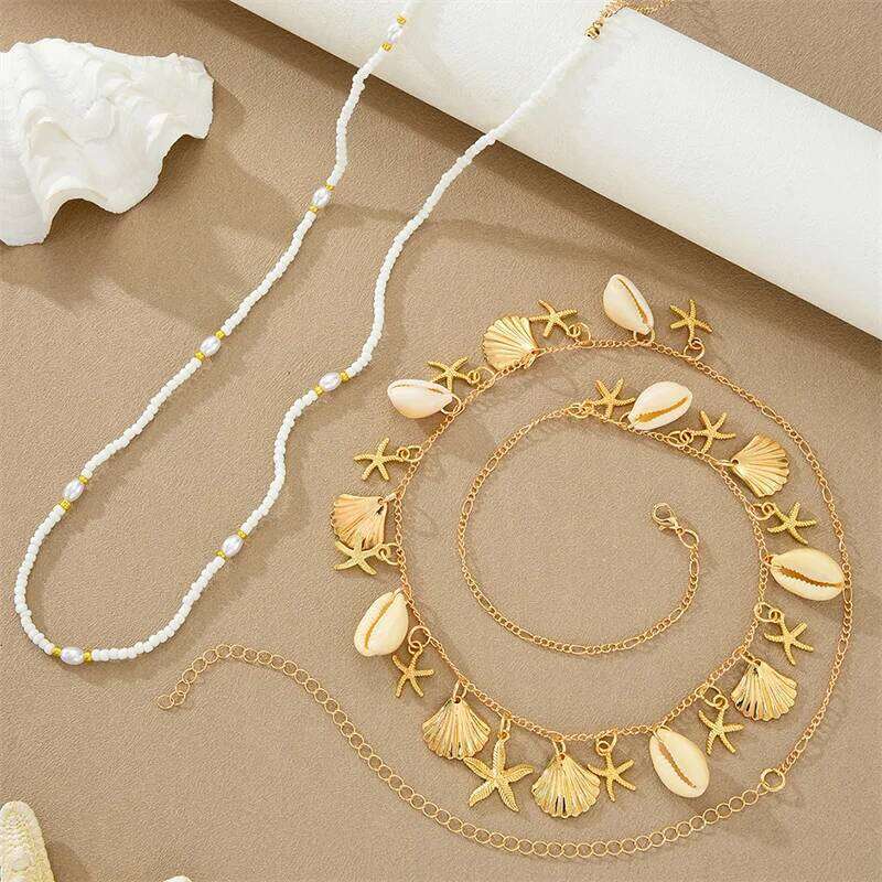 New Bohemia Style Starfish Scallop Shell Double Layer Waist Fashion Imitation Pearl Conch Body Chain Summer Beach Jewelry H260228