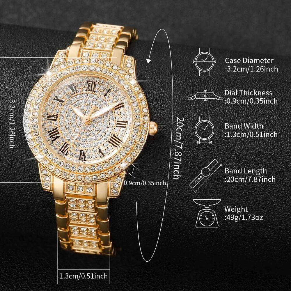 2PCS/Set Women's Fashion Full Diamond Roman Dial Steel Band Quartz Rhinestone Heart SetWithout Box H260228