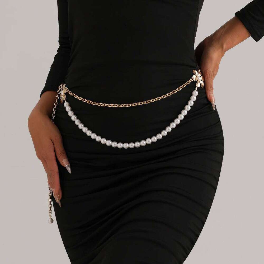 European American Fashion Double Layer Imitation Pearl Metal Camellia Waist For Women Personalized Minimalist Body Chain H260228