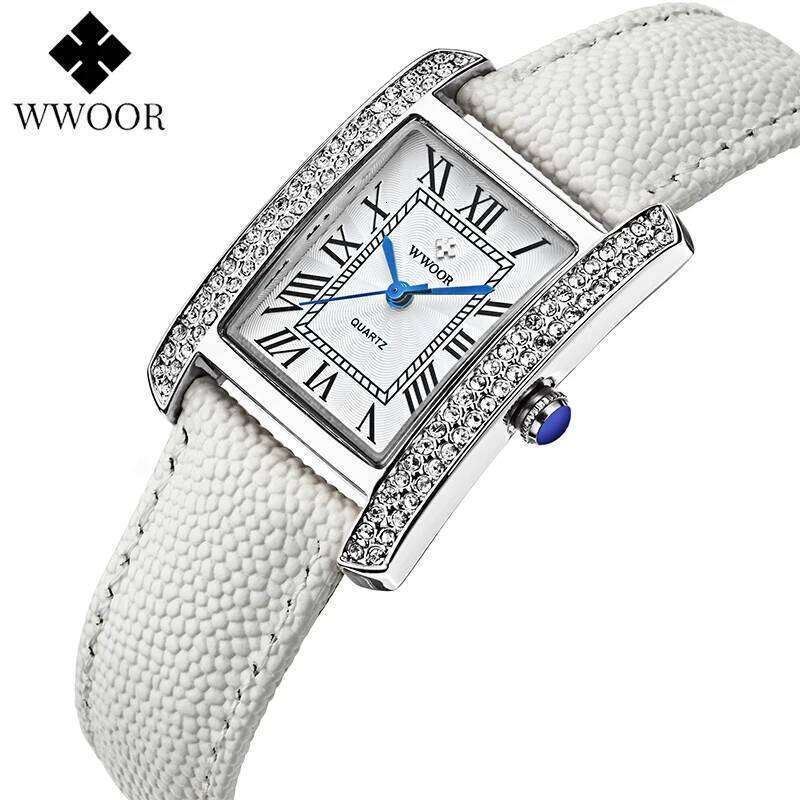 WWOOR Elegant Women's Square Diamond Ladies Waterproof Brand Leather Quartz es Zegarek Damski H260228