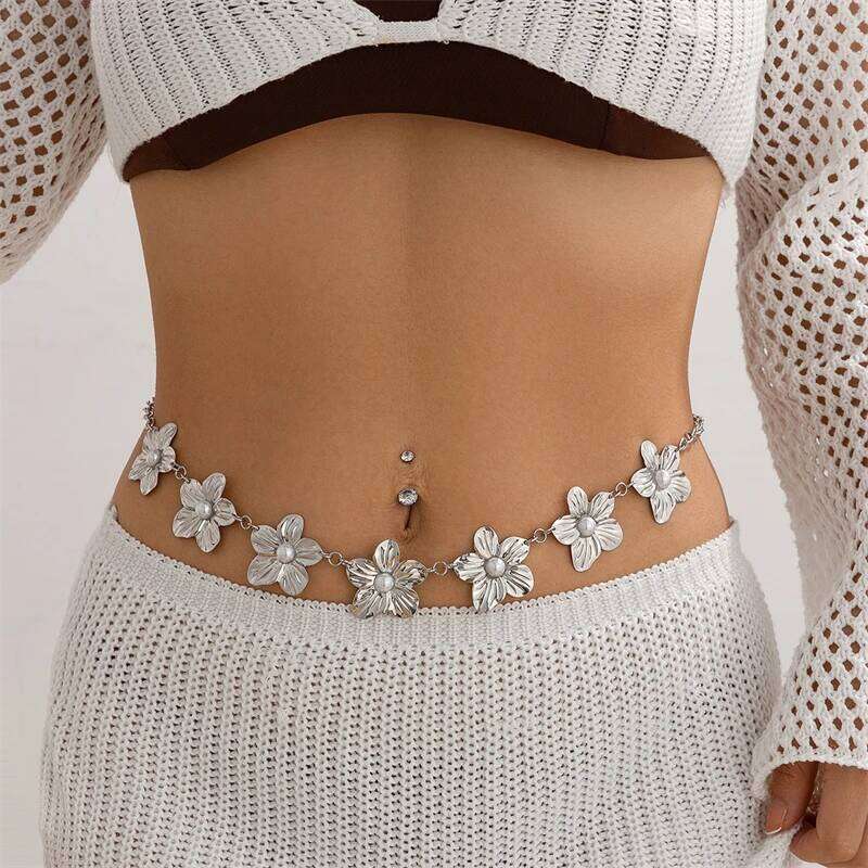 Personality Geometric Metal Pearl Big Flower Waist Chain for Women Fashion Summer Beach Bikini Body Jewelry Gifts H260228