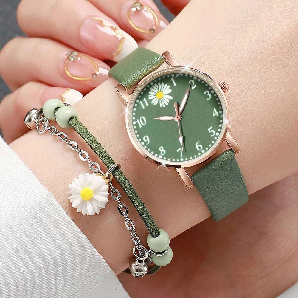 2PCS/Set Fashion Women Set Simple Arabic Dial Leather Strap Quartz es Reloj Mujer Girls Clock Gift H260228