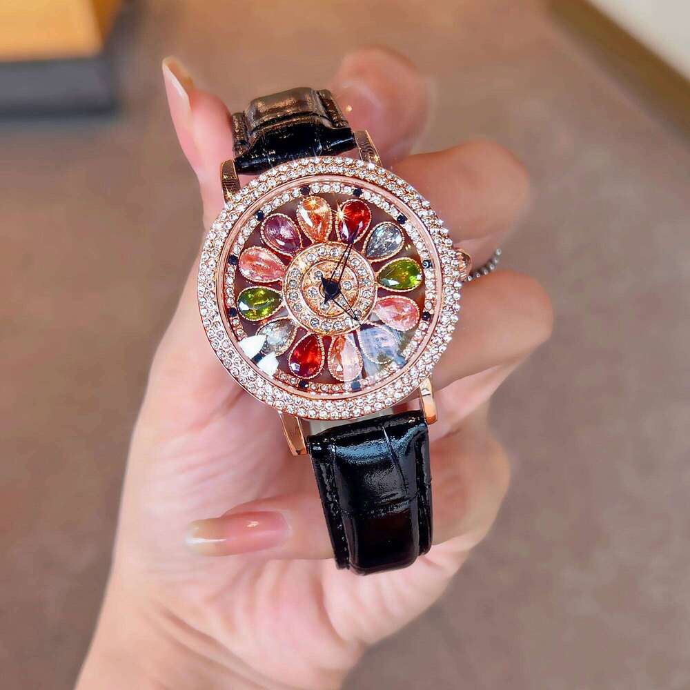 1pc Dazzling And Fashionable Women's Quartz With Colorful Rhinestone Inlay, Featuring An Alluring Rotatable Dial, Durable H260228