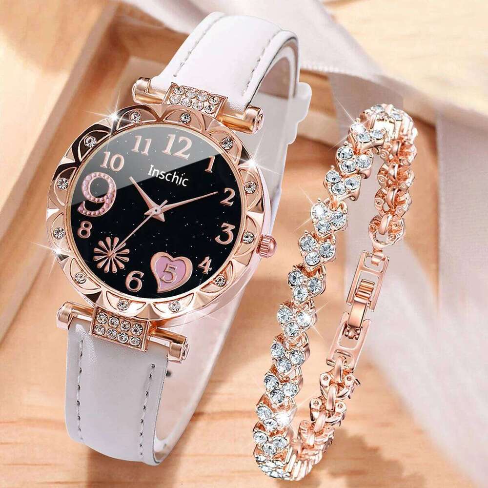 2/4/6PCS Fashion Rhinestone Women es Heart Dial Quartz Casual Leather Band Wristes SetWithout Box H260228