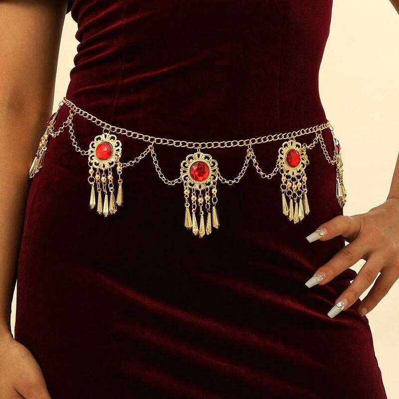 New Bohemian Waist Jewelry Metal Hollow Red Acrylic Gemstone Tassel Belly Chain Women's Dress Accessories H260228